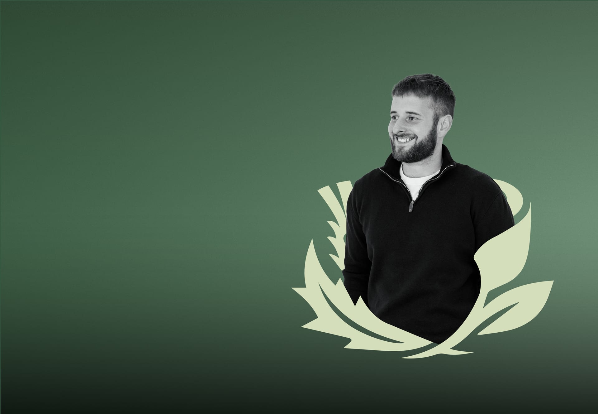 Toby Bigmore smiling, framed by the Thistle Rose thistle graphic
