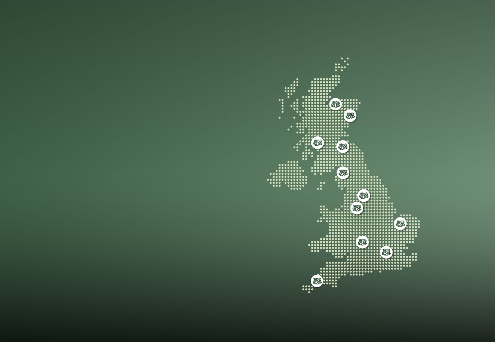 Dotted map of the United Kingdom marked with Thistle Rose location pins
