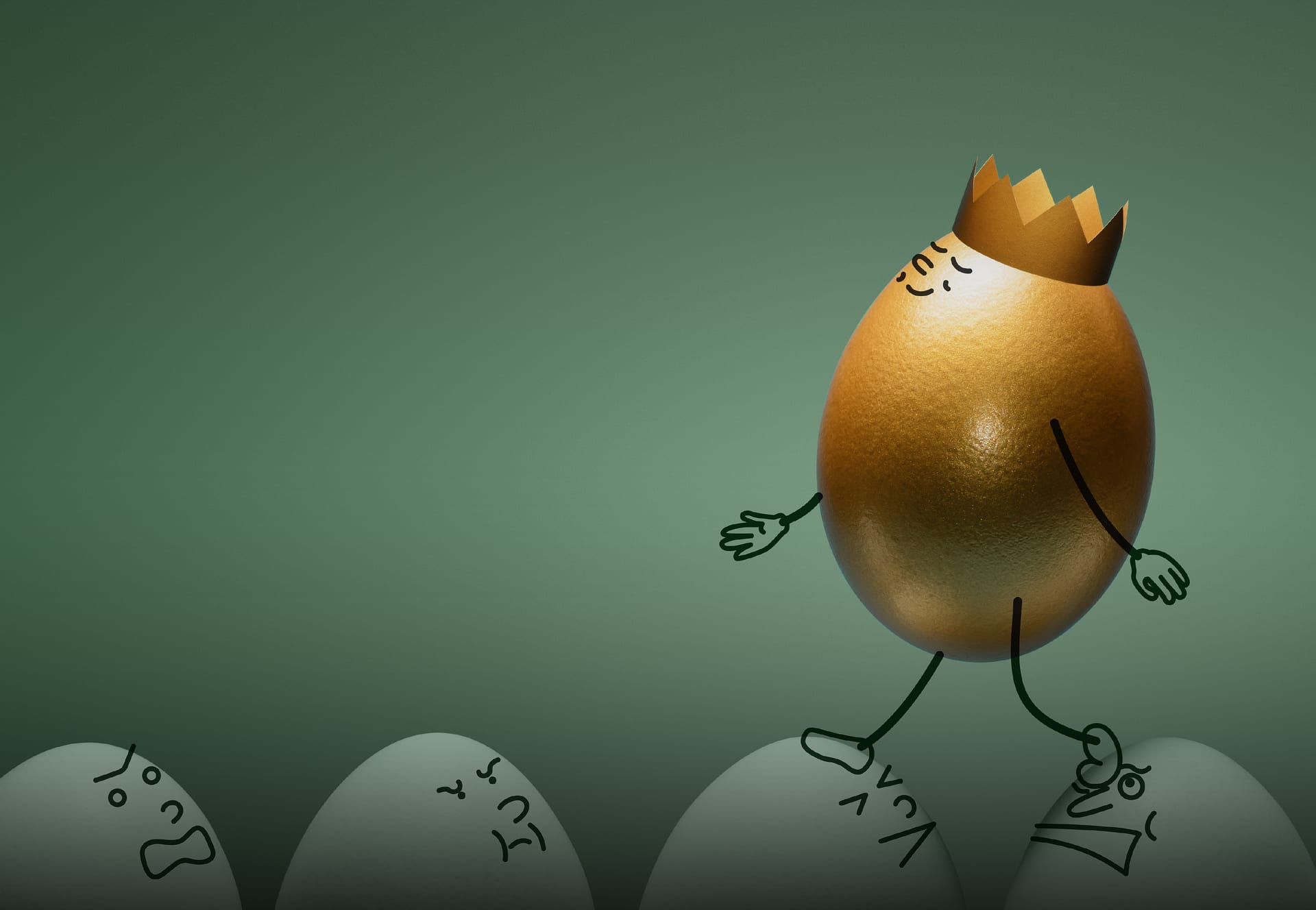 Illustrated golden egg wearing a crown, standing above a row of plain eggs
